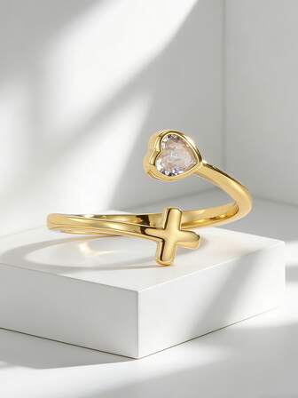 Charm-In 1pc Adjustable Gold-Plated Cross & Heart Cubic Zirconia Double-Band Ring For Women - Elegant Daily/Church Accessory, Sweet Gift For Religious Friends/Anniversaries