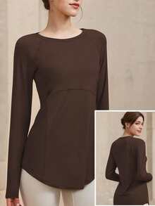 Plus Size Women's Fitness Yoga Top, Quick-Dry Sports Shirt, Suitable For Running, Gym Workout, Stretchy Compression Base Layer Spring - Coffee Brown - View 5