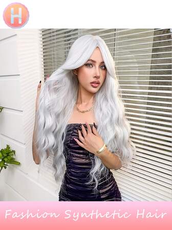 Peluca sintética de 26 pulgadas de color blanco, fibra resistente al calor, peluca rizada y larga con flequillo, peluca de alta calidad para mujer, perfecta para fiestas de vacaciones y uso diario, reuniones familiares, festivales, fiestas, disfraces, Día de San Valentín