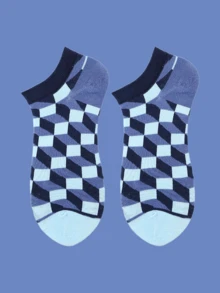 4 双彩色菱格纹船袜 - 男女皆宜，日常休闲穿着，是派对和社交活动的理想礼物，充满活力的多风格菱形设计，四季皆宜。