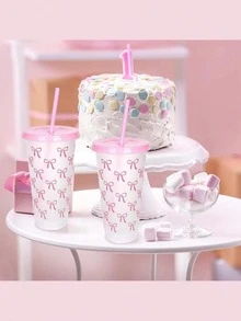 1pc Reusable Cute Pink Bow Plastic Cup With Lid And Straw, Transparent, Suitable For Iced Coffee, Water, Juice, Soda, Great For Beach, Wedding, Birthday, Holiday, Christmas, Halloween, Party, Office, Pool, Events, Dates, Outdoor Activities, Sports Bottle, Outdoor And Daily Use Water Bottle (Note: The Product May Have Some Scratches During Transportation, But It Does Not Affect The Use) - Multicolor - View 7