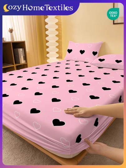 1件柔软舒适的床笠，床上用品，床笠，床垫保护套，亲肤床垫罩，情人节礼物，卡通爱心和几何图案床上用品套装，可爱爱心设计家居装饰，适用于单人床、双人床、大号床、特大号床，通过Oeko-Tex认证