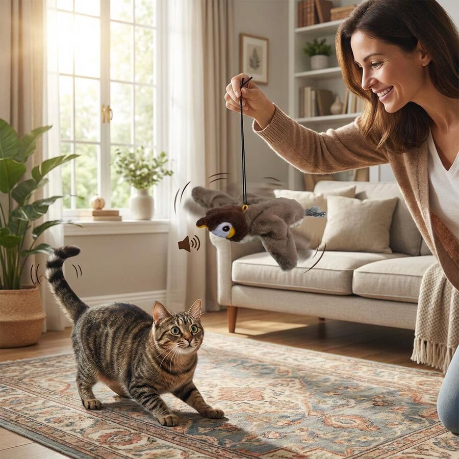 USB Rechargeable Electric Simulated Sparrow Cat Toy, Interactive Vibrating Rotating Wing With Realistic Bird Sounds, Feather Tail Cat Teaser Toy, Self-Entertainment & Hunting Interaction - Multicolor - View 1