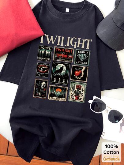 卡通字母印花短袖中长款T恤，时尚休闲女式上衣，黑色夏季款