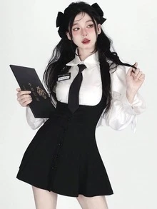 1pc Sweet & Fresh Feminine Academic Style Puff Sleeve Shirt And Suspender Skirt JK Uniform Set Including Tie, Suitable For Photo Shooting, Graduation Season Outfit Halloween - Black and White - View 15