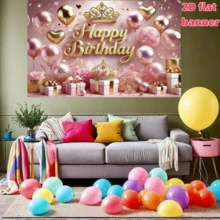 1pc 2D Flat Pink Princess Birthday Party Backdrop Banner, Crown Theme Pattern, Decorative Background Cloth, Suitable For Photo Area, Party, Birthday, Celebration, Indoor/Outdoor Home Birthday Party Decor, Home Decor, Room Decor, Wall Decor