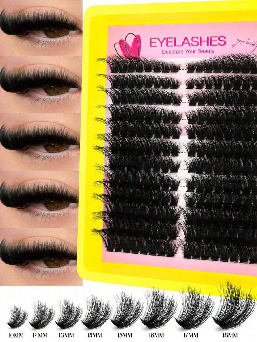 192-Pack Fluffy D Curl Lash Clusters • Cat Eye Left+Right Pair Set • Extra Thick Yet Natural Look • Beginner Friendly & Reusable For Daily, Party, Travel & Festival - 黑色 - 查看 1