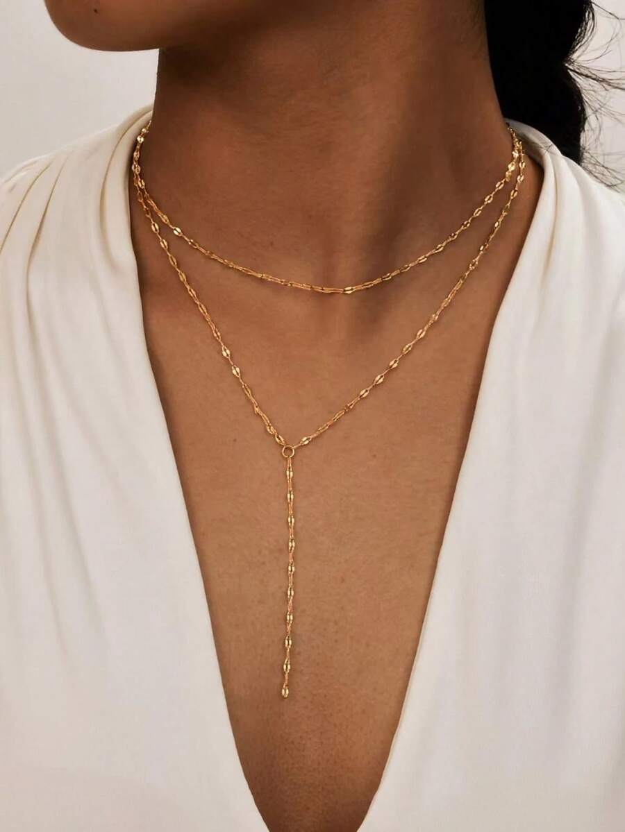 1件装女士时尚简约不锈钢唇链多层长项链