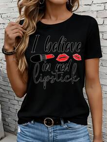 Ladies Short Sleeve T-Shirt Leisure Outdoor Home 220gI Believe In Red Lipstick Women's Graphic T-Shirt Fashion Statement Top Casual Wear For Makeup LoversLeisure Outdoor Holiday Party Gift - Black - View 2