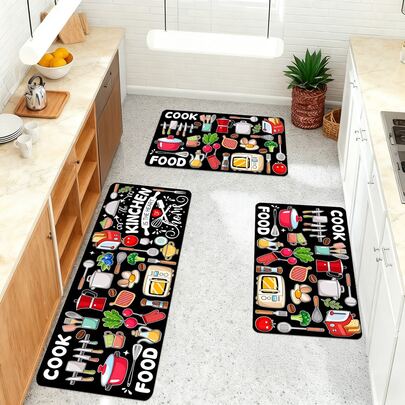 1/2/3pcs Kitchen Rugs With Vibrant Patterns Featuring Kitchenware Elements Like Knives, Pots, Coffee Pots, Toasters, Microwaves, Vegetables, Meats, Eggs, Tomatoes, Suitable For Living Room, Bedroom, Kitchen, Dining Room, Entryway, Bathroom, Laundry Room, Outdoor Picnic, Farmhouse Decor, Non-Slip Backing, Practical And Cozy Home Essential
