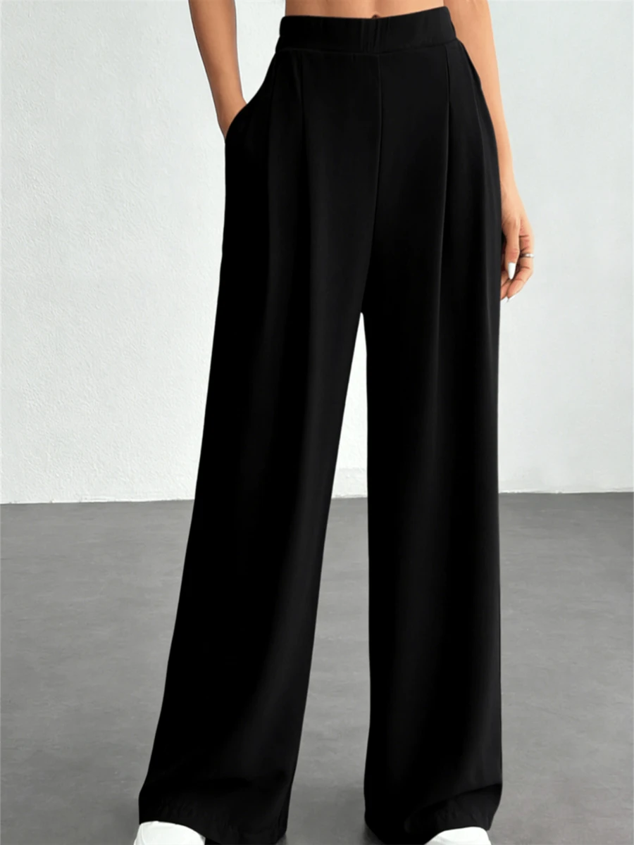 Necooer Women's Summer Hot Black/Khaki Hanging Wide Leg Pants, High Waisted Slimming Loose Casual Pants, Versatile Commuting Floor Length Pants - 黑色 - 查看 1