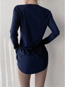 大码女式健身瑜伽上衣，速干运动衫，适合跑步、健身房锻炼，弹力压缩打底衫，春季款 - 藏蓝色 - 查看 2