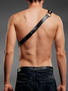 Arnés de pecho de cuero de PU estilo gótico vintage punk a la moda para hombres, con correa cruzada de un solo hombro y correa con cadena. Un accesorio elegante adecuado para uso diario, actuaciones en bares y fiestas. - Negro - Ver 2