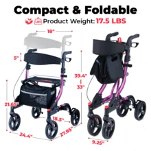 WALK MATE Rollator Walker For Seniors With Seat, Lightweight Foldable All Terrain Rolling Walker, Aluminum Walkers With 8" Rubber Wheels, 17" Big Seat, 6-Level Adjustable Height, 350 Lb Capacity, Grey - Purple - View 8
