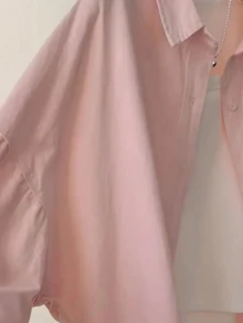 女士休闲前扣口袋长袖衬衫，秋季款 - 粉色 - 查看 3