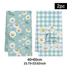2条简约日常春日雏菊图案厨房毛巾，柔软涤纶材质，适用于厨房装饰、厨房清洁、节日派对装饰、厨房和浴室用品、家居装饰、乔迁礼物 - 彩色 - 查看 3
