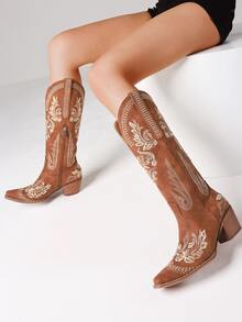 Women's Western Cowgirl Cowboy Boots, Embroidered Knee High Side Zipper, Chunky Heel Vintage Distressed Retro Style, Spring Summer Shoes Festival Gift Holiday Party Vacation Outdoor Boots - 棕色B - 查看 4