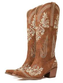 Women's Western Cowgirl Cowboy Boots, Embroidered Knee High Side Zipper, Chunky Heel Vintage Distressed Retro Style, Spring Summer Shoes Festival Gift Holiday Party Vacation Outdoor Boots - 棕色B - 查看 2