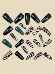 24pcs Leopard Print Nail Stickers, Nail Art Supplies, Gothic Style Nails, Green Nails, Solid Color Nails - Dark Green - View 3