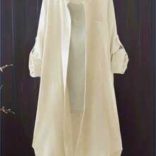 Women's Casual Solid Color Roll-Up Sleeve Shirt, Spring/Autumn - Apricot - View 4