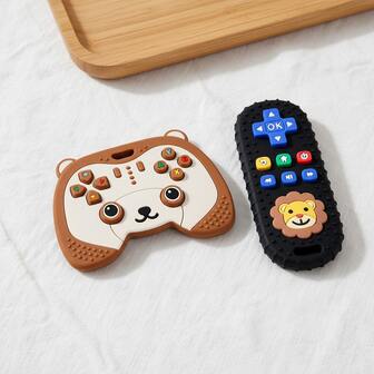 ETETOO 2 piezas Juguetes de dentición con forma de control de juego de oso de dibujos animados de silicona, chupete de dentición de bebé, juguetes de dentición con control remoto de TV simulado con patrón de león de silicona, juguetes de dentición con control de juego educativo, juguetes de masticación sensoriales perfectos para bebés de 0-3-6-12 meses