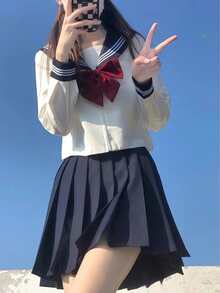 Bộ đồng phục học sinh mẫu giáo Kawaii gồm 1 món: váy xếp ly màu xanh navy, áo sơ mi dài tay màu trắng, cà vạt đỏ, thích hợp cho tiệc tùng, nhập vai, cosplay, câu lạc bộ, chụp ảnh tốt nghiệp, hẹn hò, ngày lễ tình nhân mùa xuân. - Nhiều màu - Xem 2