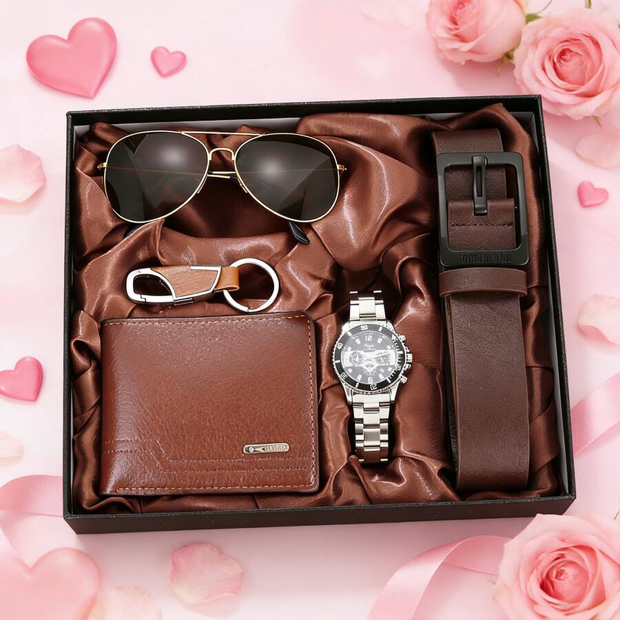5pcs Men's Watch Set Luxury Gift Box - Brown Leather Wallet + Business Wristwatch + Pilot Style Sunglasses + Belt + Keychain, Ideal Gift For Boyfriend, Husband, Father On Valentine's Day, Father's Day, New Year - Silver - View 1