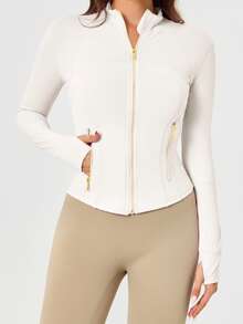 Women's BBL Fit Zip Up Jacket With Gold Zipper And Pockets Solid Color Lightweight Yoga Tennis Workout Outerwear, Gym Workout Clothes, Pickleball Outfit - 象牙色/金色 - 查看 5
