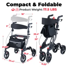 WALK MATE Rollator Walker For Seniors With Seat, Lightweight Foldable All Terrain Rolling Walker, Aluminum Walkers With 8" Rubber Wheels, 17" Big Seat, 6-Level Adjustable Height, 350 Lb Capacity, Grey - Grey - View 8