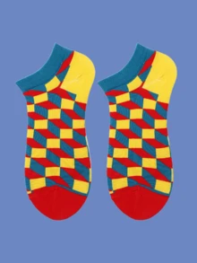 4 双彩色菱格纹船袜 - 男女皆宜，日常休闲穿着，是派对和社交活动的理想礼物，充满活力的多风格菱形设计，四季皆宜。