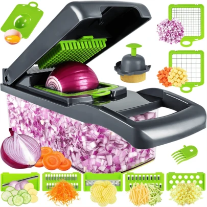 14/16-In-1 Vegetable Cutter, Multi-Function Fruit Slicer, Manual, Plastic, For Slicing, Dicing, Shredding, With Container, Suitable For Onion, Potato, Tomato, Cucumber, Carrot, Suitable For Holiday Celebrations, Restaurant Food Preparation Equipment