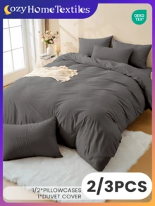 2/3件套纯色深灰色被套套装，柔软透气，亲肤舒适，简约风格，抗起球，家用纺织品，适用于单人床、双人床、大号床、特大号床，四季皆宜，时尚装饰被套套装，可机洗，适用于卧室、宿舍，通过Oeko-Tex认证 - 深灰色 - 查看 2