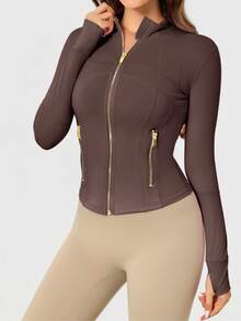 Women's BBL Fit Zip Up Jacket With Gold Zipper And Pockets Solid Color Lightweight Yoga Tennis Workout Outerwear, Gym Workout Clothes, Pickleball Outfit - Espresso/Gold - 查看 4