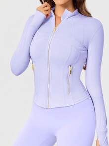 Women's BBL Fit Zip Up Jacket With Gold Zipper And Pockets Solid Color Lightweight Yoga Tennis Workout Outerwear, Gym Workout Clothes, Pickleball Outfit - Tím nhạt Ether/Vàng - Xem 4