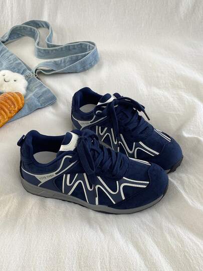 Women's Casual Sports Shoes, New Style Sneakers, Breathable & Versatile, Casual, Trainers, Ballet Sports Style, Lace-Up Flat White Sneakers, Sports Shoes, Women's Shoes, Comfortable Women's Shoes, Performance, Elegant Women's Sports Shoes, Elegant Women's Shoes, Tennis, Women's Sports Shoes, Navy Blue