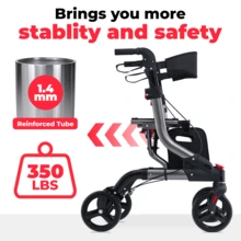 WALK MATE Rollator Walker For Seniors With Seat, Lightweight Foldable All Terrain Rolling Walker, Aluminum Walkers With 8" Rubber Wheels, 17" Big Seat, 6-Level Adjustable Height, 350 Lb Capacity, Grey - Grey - View 5
