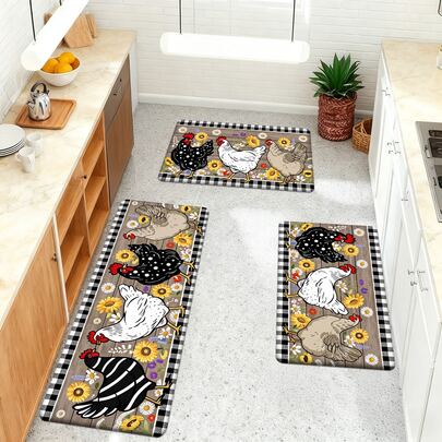1/2/3 piezas Alfombras de cocina con patrón de pollo colorido, decoración floral de girasol y margarita con borde a cuadros en blanco y negro, estilo granja cálido adecuado para sala de estar, dormitorio, cocina, comedor, entrada, baño, lavandería, picnic al aire libre, decoración de granja, respaldo antideslizante, artículo del hogar práctico y acogedor