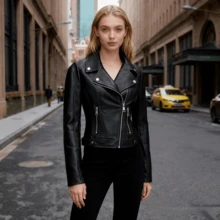 Women's PU Collar Jacket, Spring/Autumn New European And American Style, Solid Color Zipper Pockets Button Decor, Commuter Casual Travel Motorcycle Outwear - Black - View 1