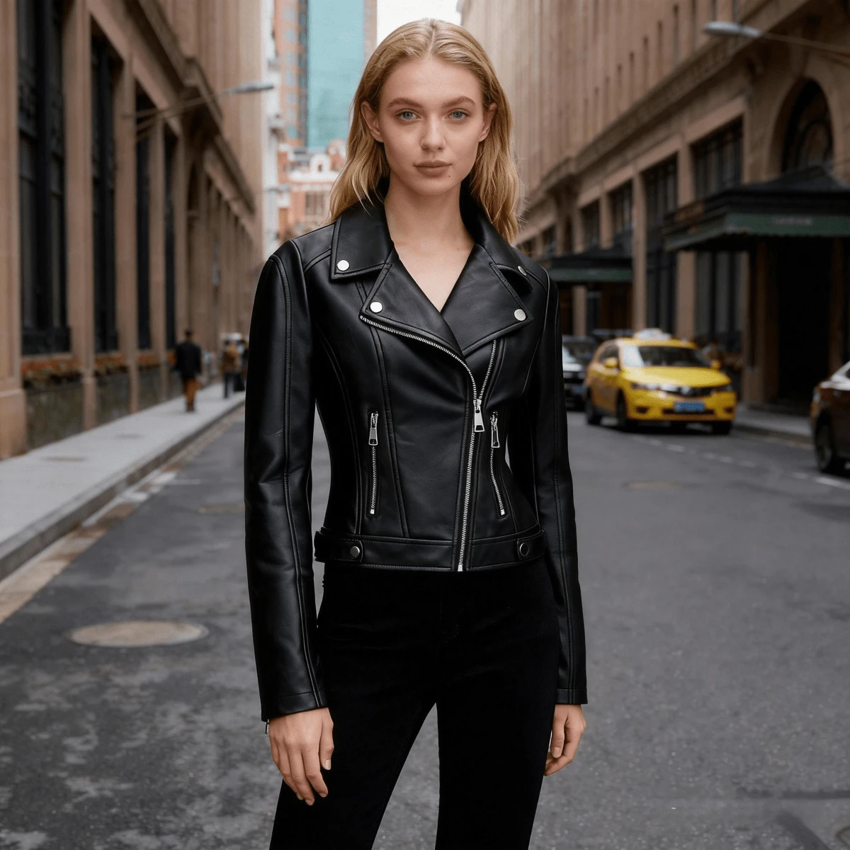 Women's PU Collar Jacket, Spring/Autumn New European And American Style, Solid Color Zipper Pockets Button Decor, Commuter Casual Travel Motorcycle Outwear - Black - View 1