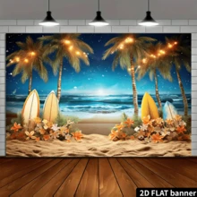 2D flache 1 Stück Sommer Tropischer Strand Fotografie Hintergrund - Blauer Himmel am Meer mit Surfbrett und Palmen - Ideal für Luau, Baby-Shower und 1. Geburtstags-Party Dekoration - Fotobox Requisiten und Studio Hintergrund - Aprikosenfarben - Übersicht 4