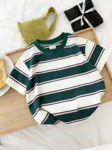 男婴条纹短袖T恤，有弹性，透气，柔软，夏季 - 綠色 - 查看 7