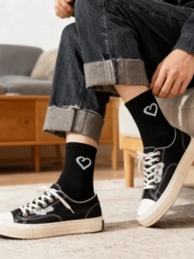 1/5/10 Pairs Unisex Classic Black & White Versatile Sports Socks, Comfortable Breathable Mid-Calf Socks With Heart Pattern, Suitable For Daily Wear, Outdoor, Hiking, Exercise, Spring/Autumn - Black and White - View 5