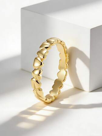 Charm-In Anillo de banda con eslabones en forma de corazón chapado en oro para mujer | Joyería romántica y delicada para uso diario/noches de cita, regalo ideal para el Día de San Valentín/novias