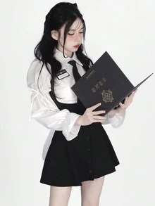 1pc Sweet & Fresh Feminine Academic Style Puff Sleeve Shirt And Suspender Skirt JK Uniform Set Including Tie, Suitable For Photo Shooting, Graduation Season Outfit Halloween - Black and White - View 16