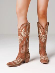 Women's Western Cowgirl Cowboy Boots, Embroidered Knee High Side Zipper, Chunky Heel Vintage Distressed Retro Style, Spring Summer Shoes Festival Gift Holiday Party Vacation Outdoor Boots - 棕色B - 查看 5