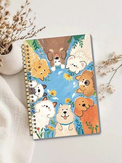 Cuaderno espiral de 120 páginas con diseño de perro de dibujos animados, tapa dura con esquinas redondeadas, adornado con ilustraciones de perros y gatos juguetones. Ideal para diario, suministros de oficina y uso diario. Diario creativo | Ilustraciones divertidas | Diseño redondeado, cuaderno adorable, esencial para la temporada de regreso a clases.