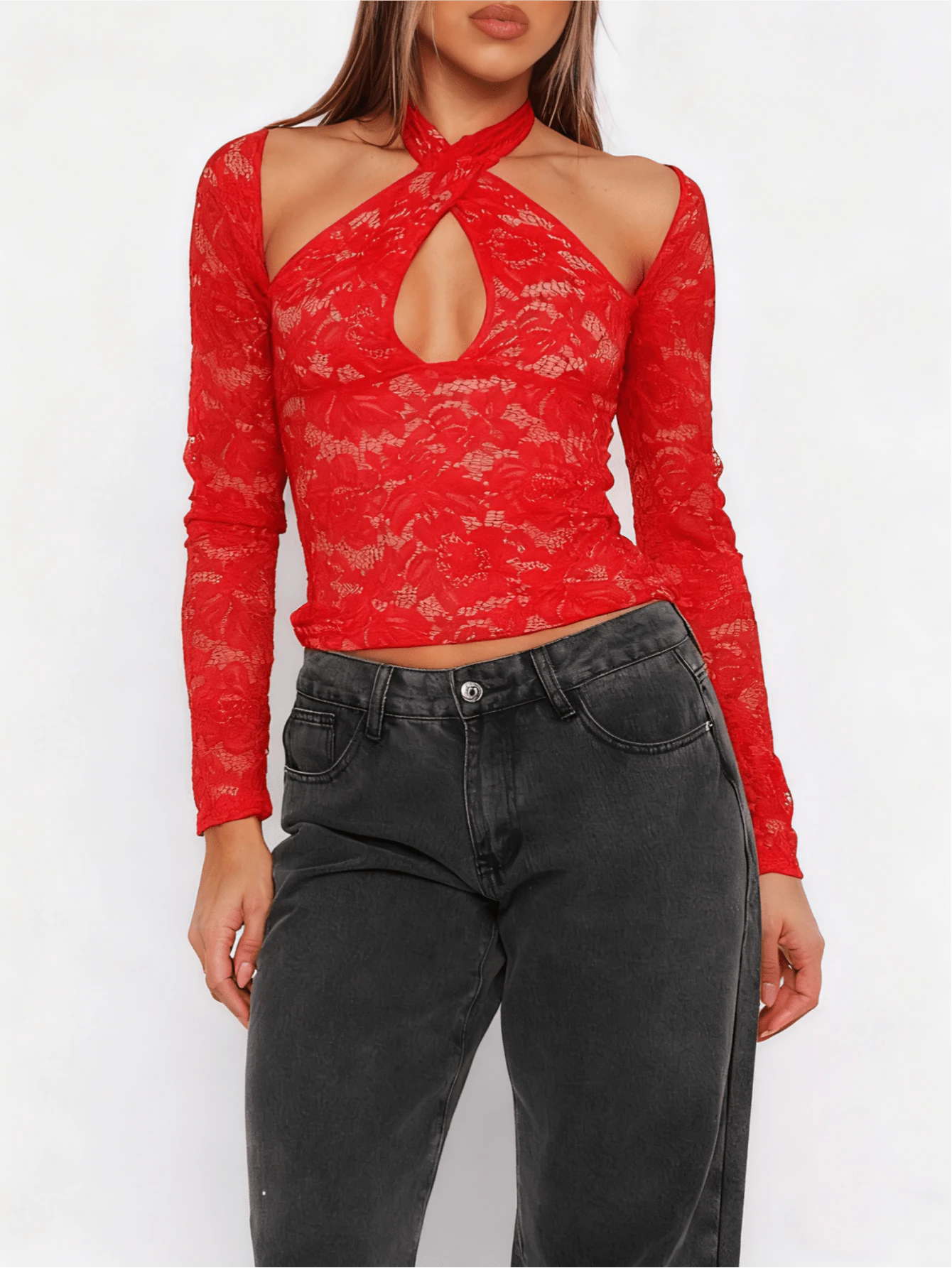 Womens Y2K Lace Tops Fall Long Sleeve Halter Neck Slim Fit Cropped Shirts Stylish Clubwear - Đỏ - Xem 1