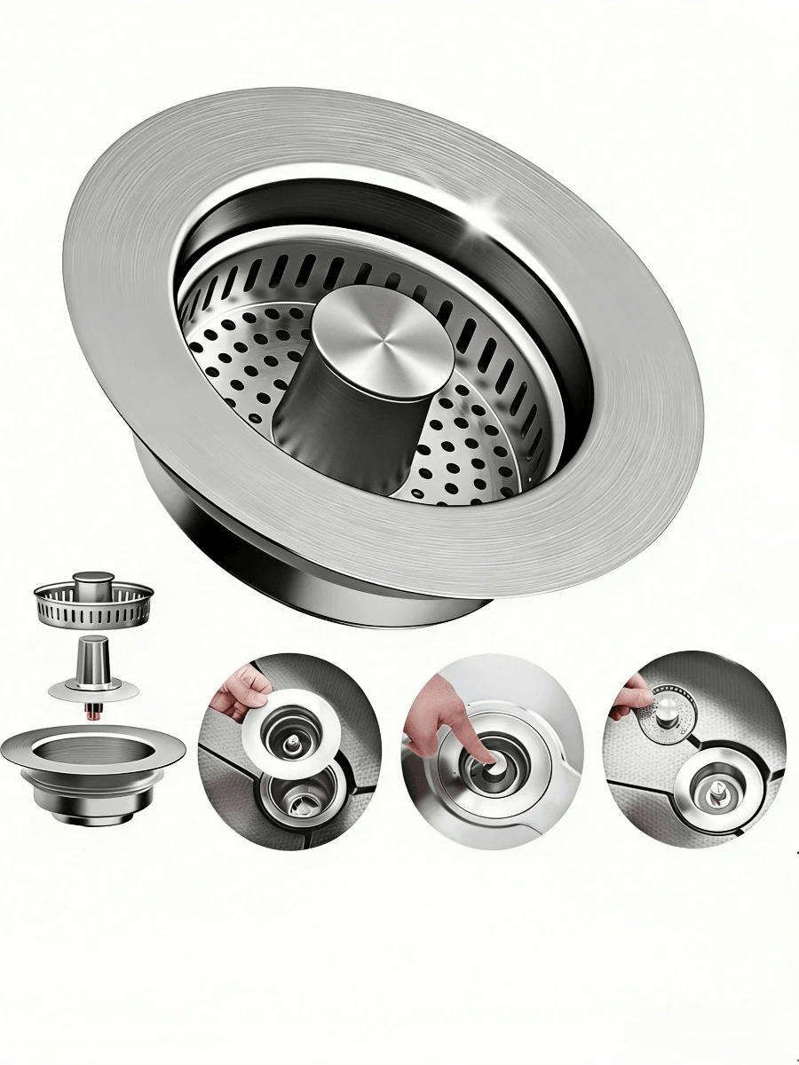 Upgraded 3 In 1 Kitchen Sink Drain Strainer - Stainless Steel Sink Stopper, Anti-Clogging Sink Food Catcher Basket,Kitchen - 銀色 - 查看 1