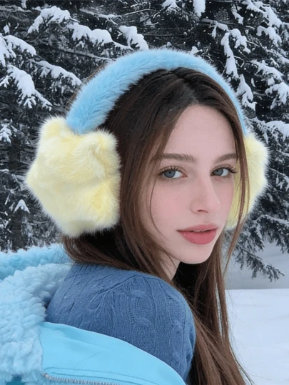 1个女士毛绒趣味撞色星星耳罩，保暖时尚，适合冬季户外骑行，男女通用冬季保暖耳罩，可爱韩版学生耳罩，可调节毛绒耳罩