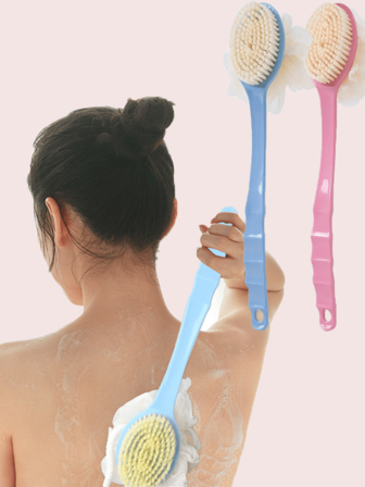 1 pieza/2 piezas Cepillo de ducha de doble cara (mango largo, cerdas suaves) - Cepillo de ducha de mango largo, cepillo de limpieza multifunción de mango largo con exfoliación fuerte, adecuado para exfoliación de espalda y limpieza de baño, bolsa de belleza, artículos de tocador de viaje, kit de viaje